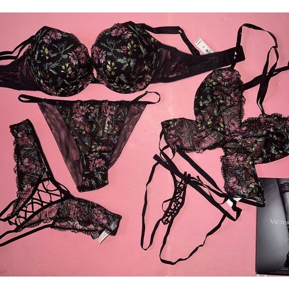 Victoria's Secret 34D,36D,36DD,36DDD BRA SET+L TEDDY BLACK Floral embroidered - Picture 5 of 11